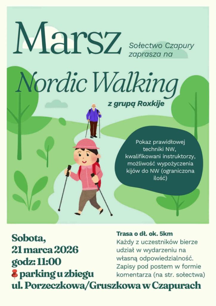 Zaproszenie na marsz NW 21 marca 2026r. w Czapurach o godzinie 10 parking ul Porzeczkowa/Gruszkowa